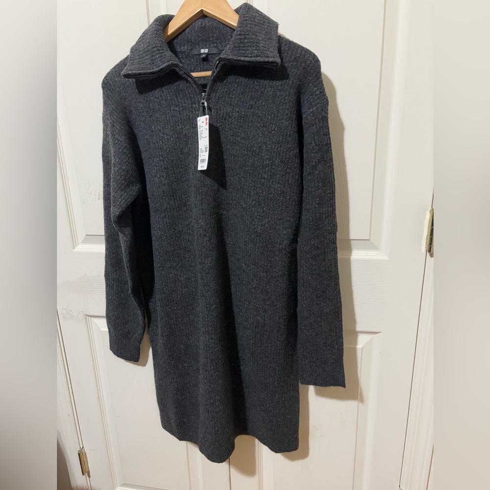 NWT Uniqlo Women rib stitch Half-zip Souffle Yarn Dress DARK GRAY size S